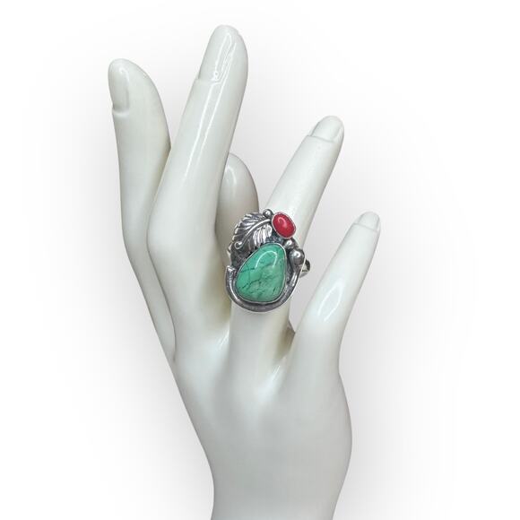 Vintage Navajo Style Sterling Silver Ring Turquoise & Coral Stones Size 7 - Picture 1 of 8